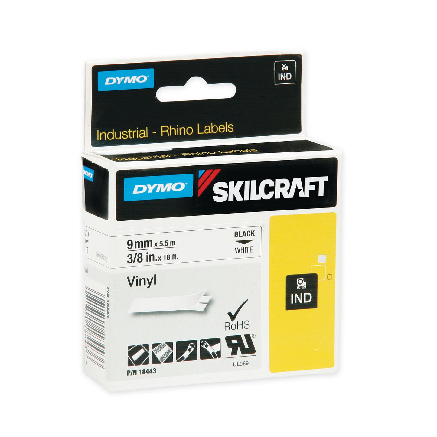 AbilityOne 7530016874770, SKILCRAFT Dymo Industrial Rhino Thermal Vinyl Label Tape Cassettes, 0.38" x 18 ft, Black on White