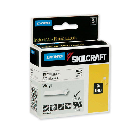 AbilityOne 7530016871405, SKILCRAFT Dymo Industrial Rhino Thermal Vinyl Label Tape Cassettes, 0.75" x 18 ft, Black on White