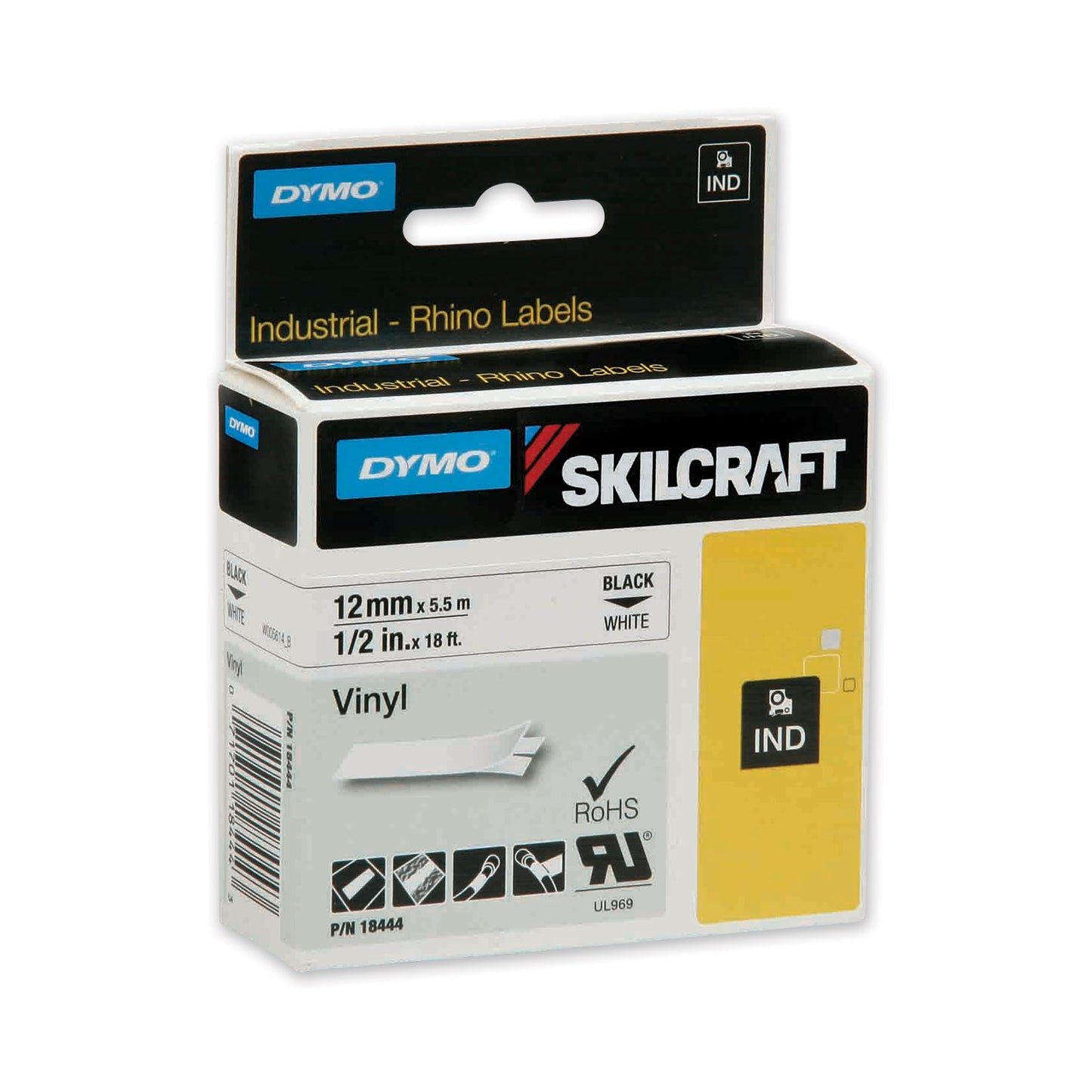 AbilityOne 7530016871404, SKILCRAFT Dymo Industrial Rhino Thermal Vinyl Label Tape Cassettes, 0.5" x 18 ft, Black on White