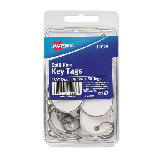 Avery Key Tags with Split Ring, 1.25" dia, White, 50/Pack (11025)