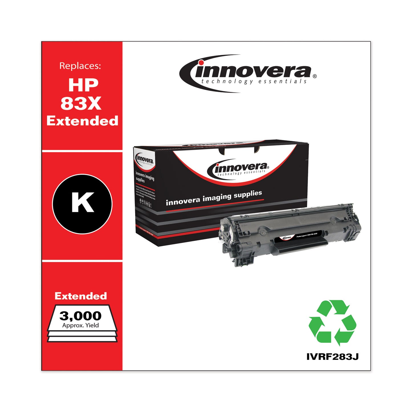 Innovera Remanufactured Black Extended-Yield Toner, Replacement for 83X (CF283XJ), 3,000 Page-Yield (F283J)