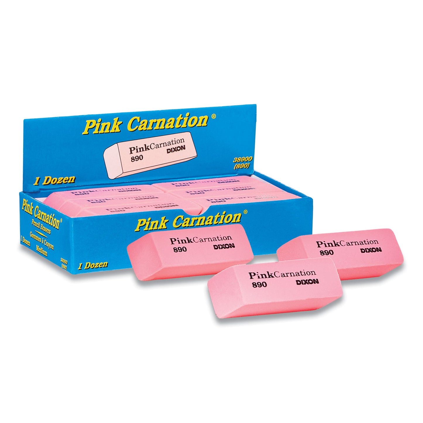 Dixon Pink Carnation Erasers, For Pencil Marks, Rectangular Block, Medium, Pink, Dozen (38900)