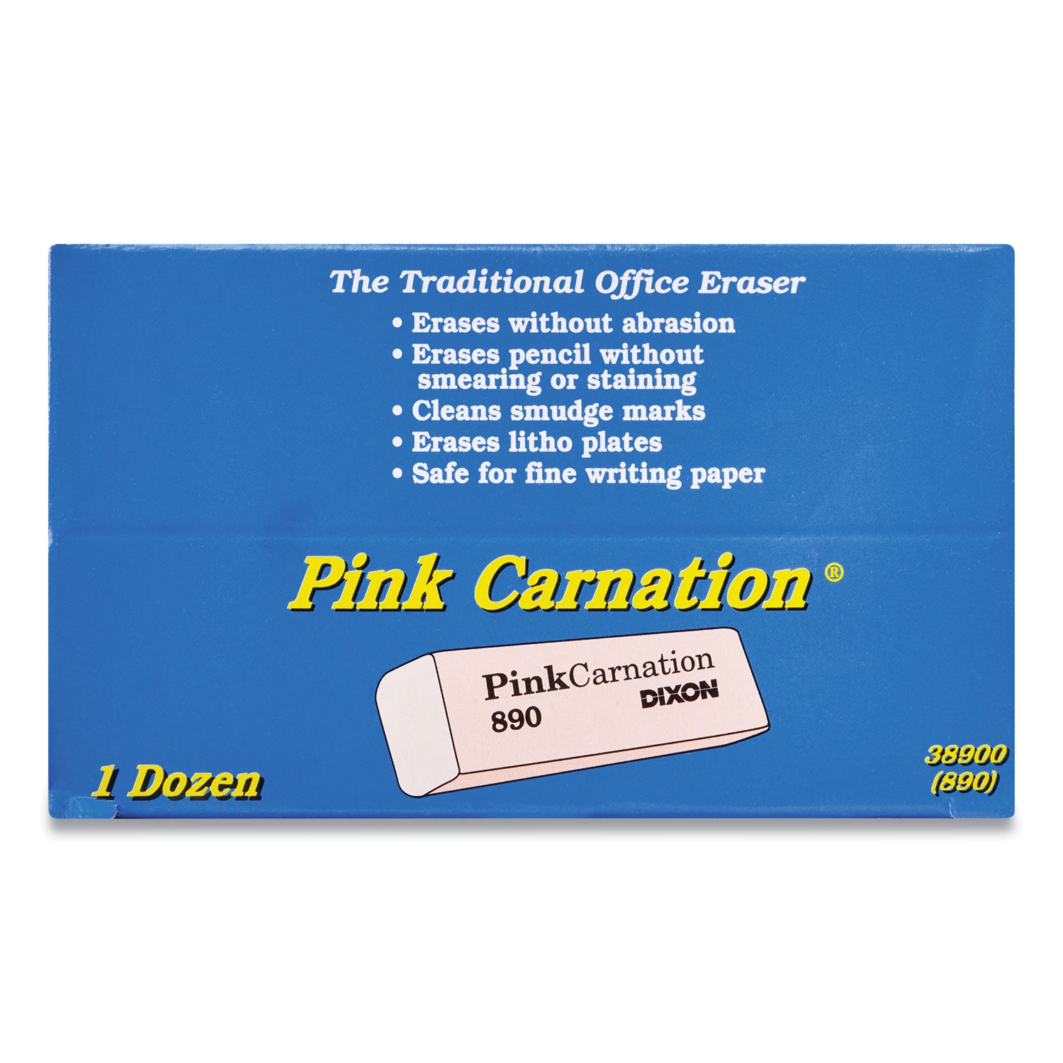 Dixon Pink Carnation Erasers, For Pencil Marks, Rectangular Block, Medium, Pink, Dozen (38900)