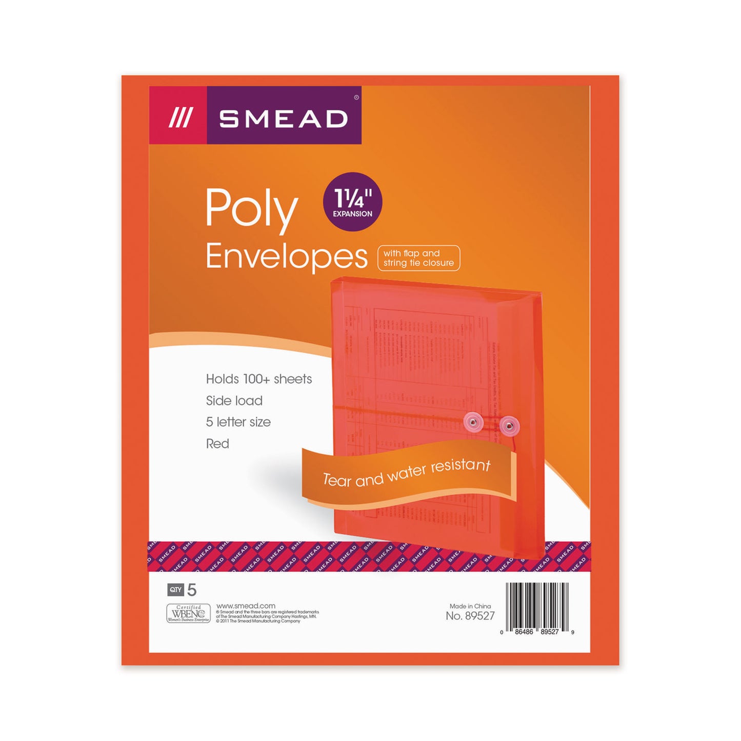 Smead Poly String and Button Interoffice Envelopes, Open-Side (Horizontal), 9.75 x 11.63, Transparent Red, 5/Pack (89527)