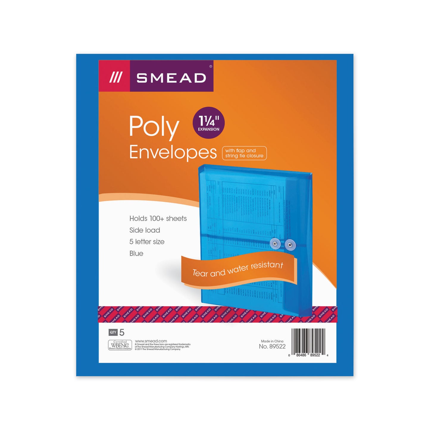 Smead Poly String and Button Interoffice Envelopes, Open-Side (Horizontal), 9.75 x 11.63, Transparent Blue, 5/Pack (89522)
