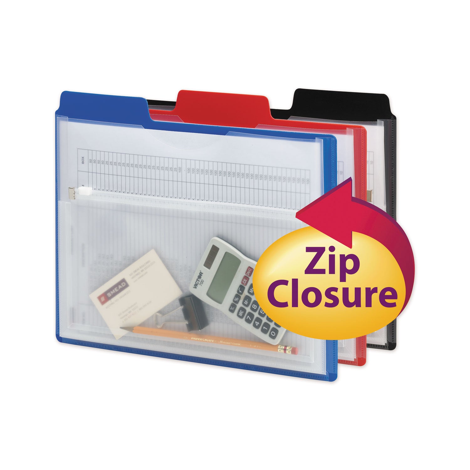 Smead Poly Project Organizer with Zip Pouch, 2-Sections, 1/3-Cut Tab, Letter Size, Assorted Colors, 3/Pack (89614)