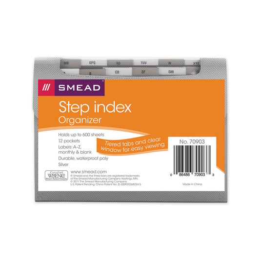 Smead Step Index Organizer, 12 Sections, Cord/Hook Closure, 1/6-Cut Tabs, Letter Size, Silver (70903)