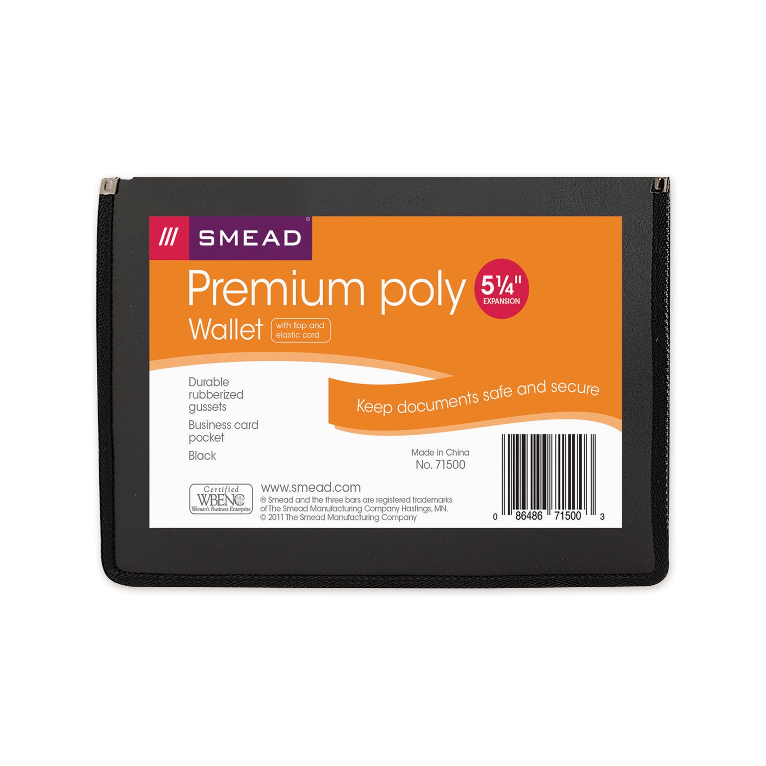 Smead Poly Premium Wallets, 5.25" Expansion, 1 Section, Elastic Cord Closure, Letter Size, Black (71500)