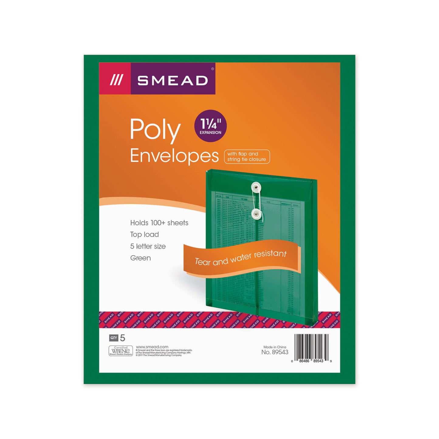 Smead Poly String and Button Interoffice Envelopes, Open-End (Vertical), 9.75 x 11.63, Transparent Green, 5/Pack (89543)