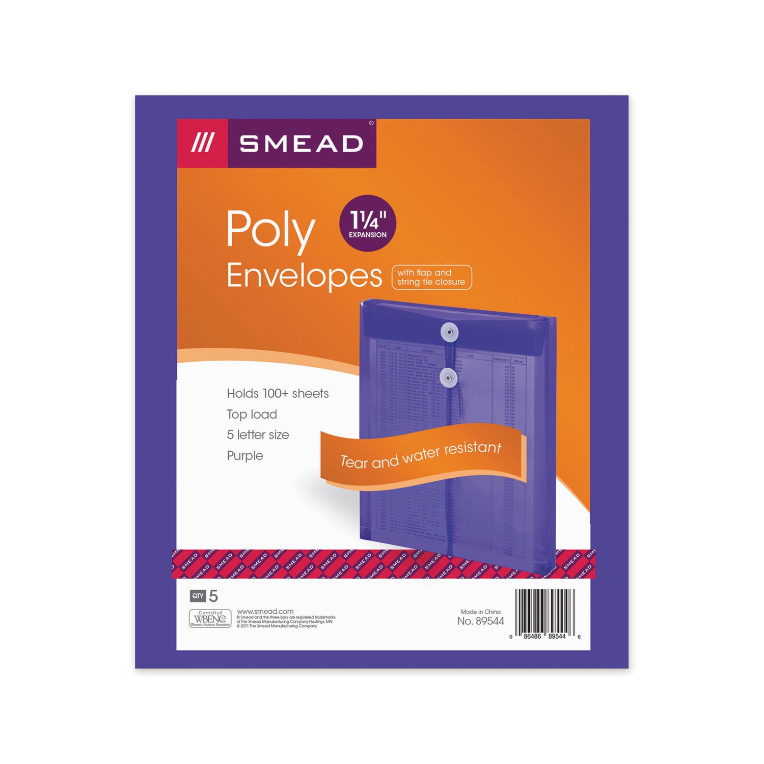 Smead Poly String and Button Interoffice Envelopes, Open-End (Vertical), 9.75 x 11.63, Transparent Purple, 5/Pack (89544)