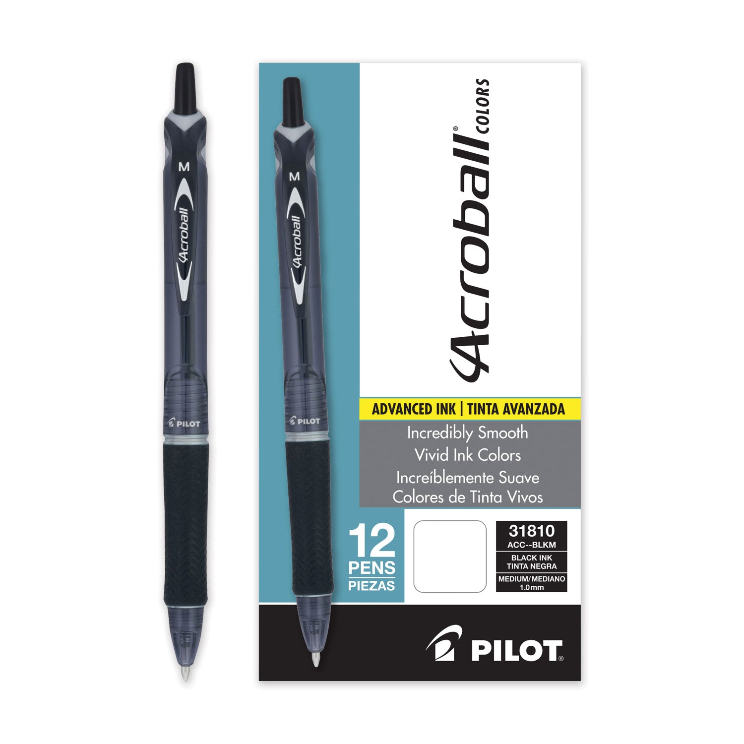 Pilot Acroball Colors Advanced Ink Hybrid Gel Pen, Retractable, Medium 1 mm, Black Ink, Smoke/Black Barrel, Dozen (31810)