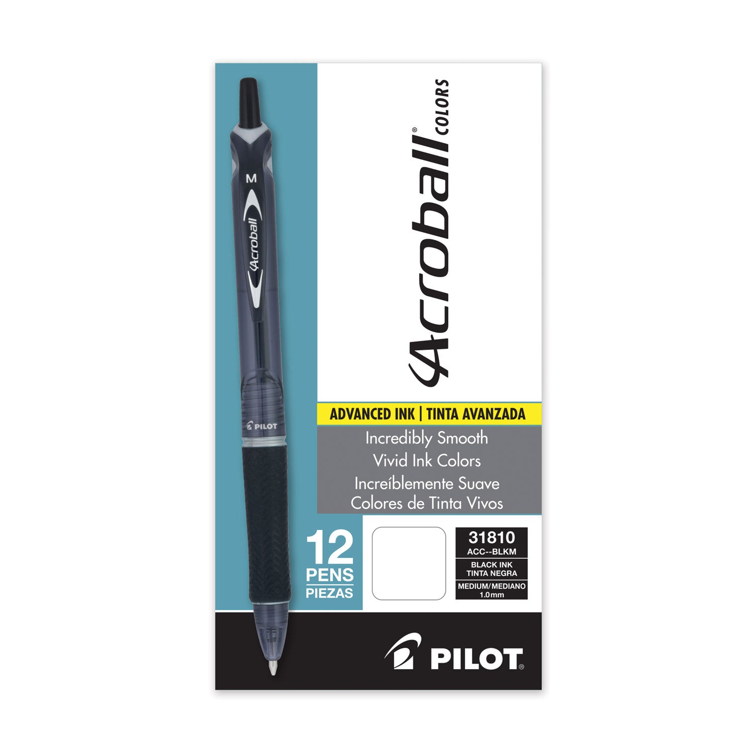 Pilot Acroball Colors Advanced Ink Hybrid Gel Pen, Retractable, Medium 1 mm, Black Ink, Smoke/Black Barrel, Dozen (31810)