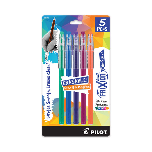 Pilot FriXion ColorSticks Erasable Gel Pen, Stick, Fine 0.7 mm, Assorted Ink and Barrel Colors, 5/Pack (32443)