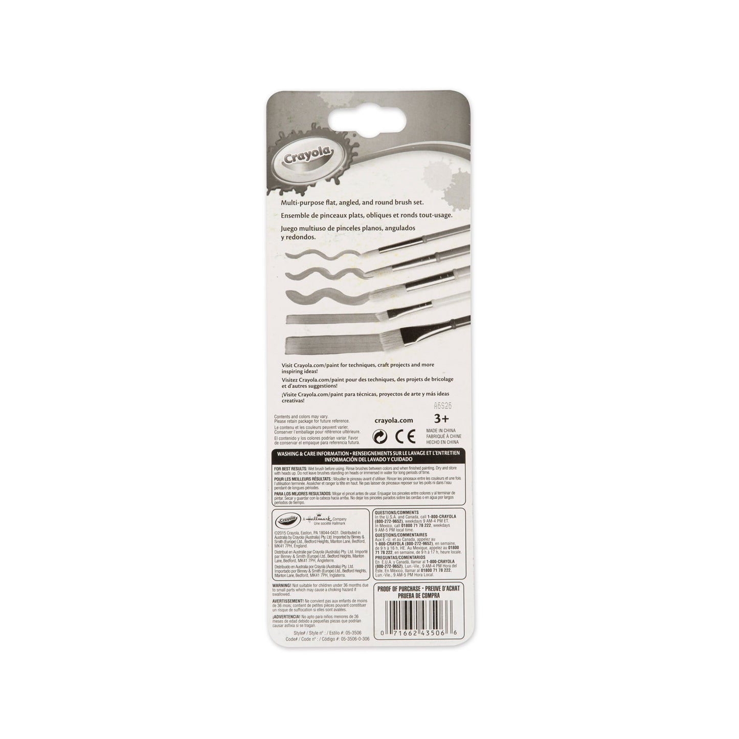 Crayola Arts and Craft Brush Set, Assorted Sizes, Natural Hair, Angled, Flat, Round, 5/Set (053506)