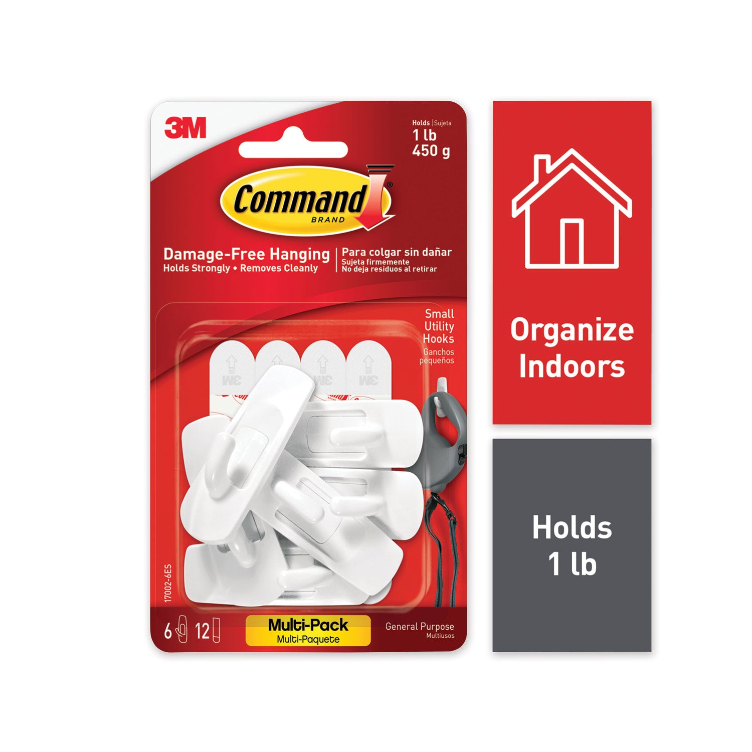 Command General Purpose Hooks, Small, Plastic, White, 1 lb Capacity, 6 Hooks and 12 Strips/Pack (70005128379)