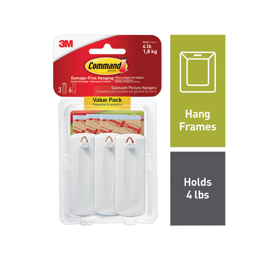 Command Sawtooth Picture Hanger Value Pack, Large, Plastic, White, 5 lb Capacity, 3 Hooks and 6 Strips/Pack (70005152858)