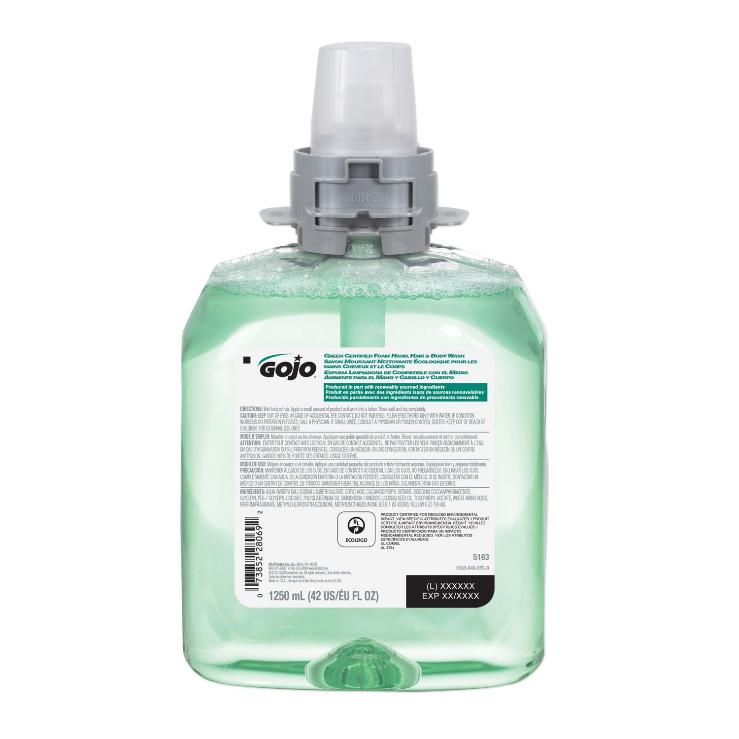 GOJO Green Certified Foam Hair and Body Wash Refill, Cucumber Melon Scent, 1,250 mL, 4/Carton (516304CT)