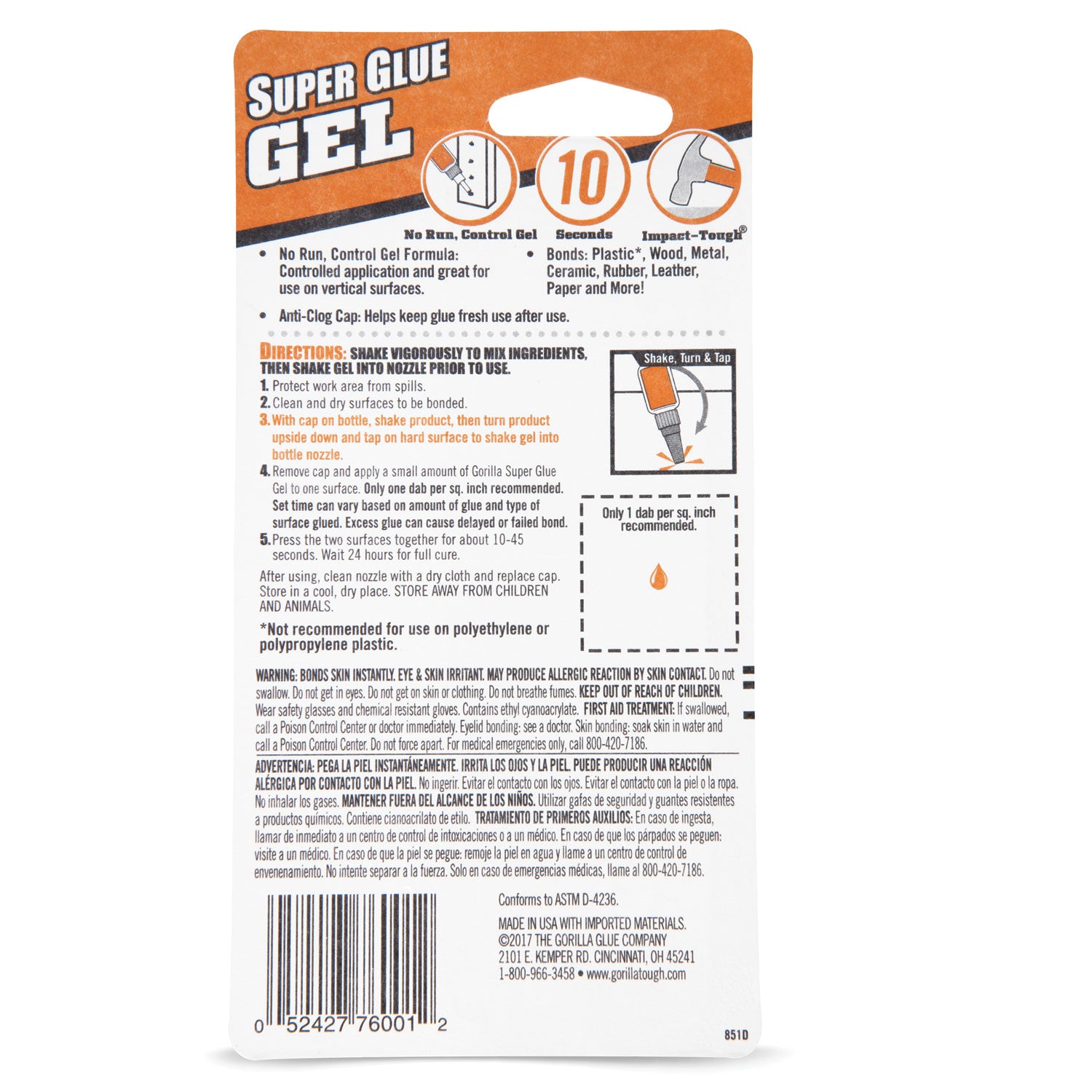 Gorilla Super Glue Gel, 0.53 oz, Dries Clear, 4/Carton (7807301CT)