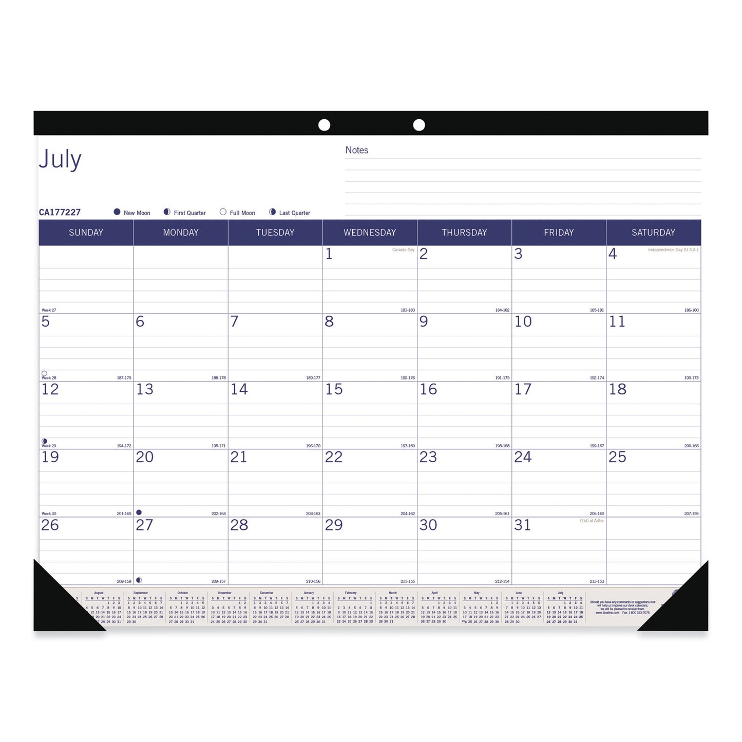 Blueline DuraGlobe Academic Desk Pad Calendar, 22 x 17, White/Blue/Gray Sheets, Black Headband, 13-Month (July to July): 2024 to 2025 (CA177227)