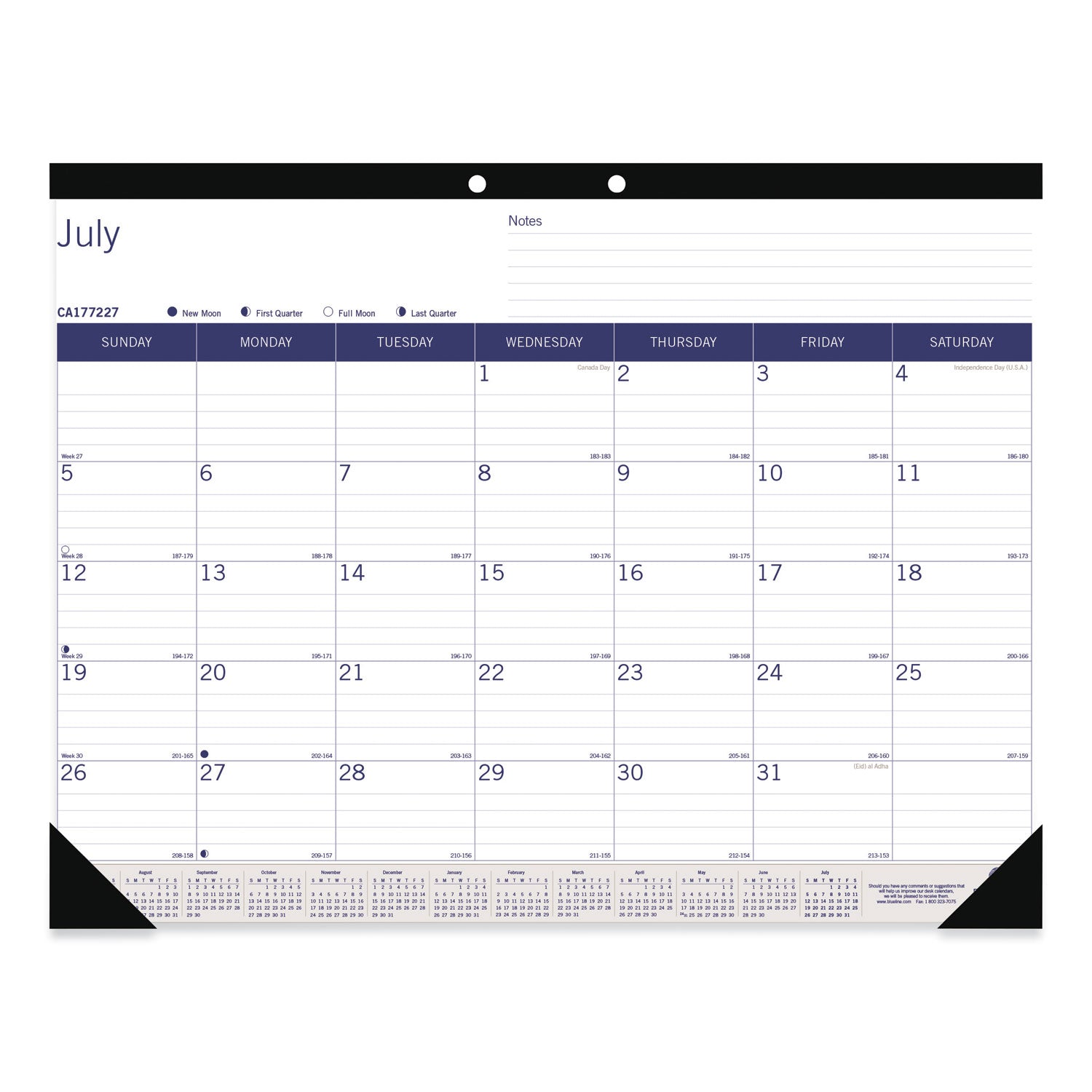 Blueline DuraGlobe Academic Desk Pad Calendar, 22 x 17, White/Blue/Gray Sheets, Black Headband, 13-Month (July to July): 2024 to 2025 (CA177227)