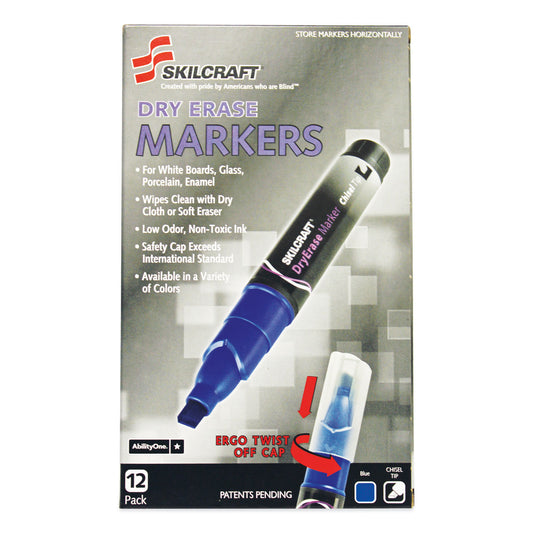 AbilityOne 7520015105658, SKILCRAFT Dry Erase Marker, Broad Chisel Tip, Blue, Dozen