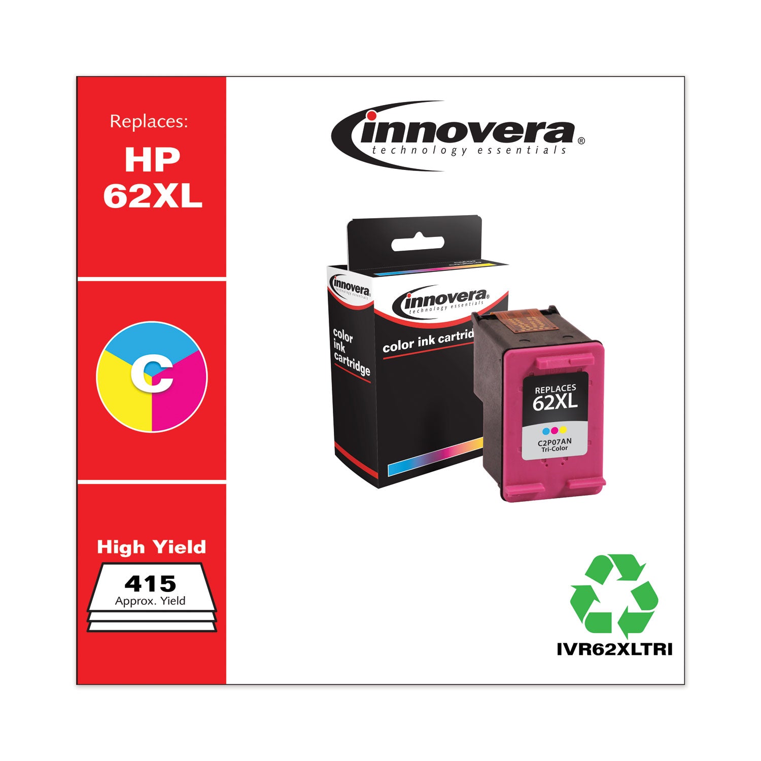 Innovera Remanufactured Tri-Color High-Yield Ink, Replacement for 62XL (C2P07AN), 415 Page-Yield (62XLTRI)