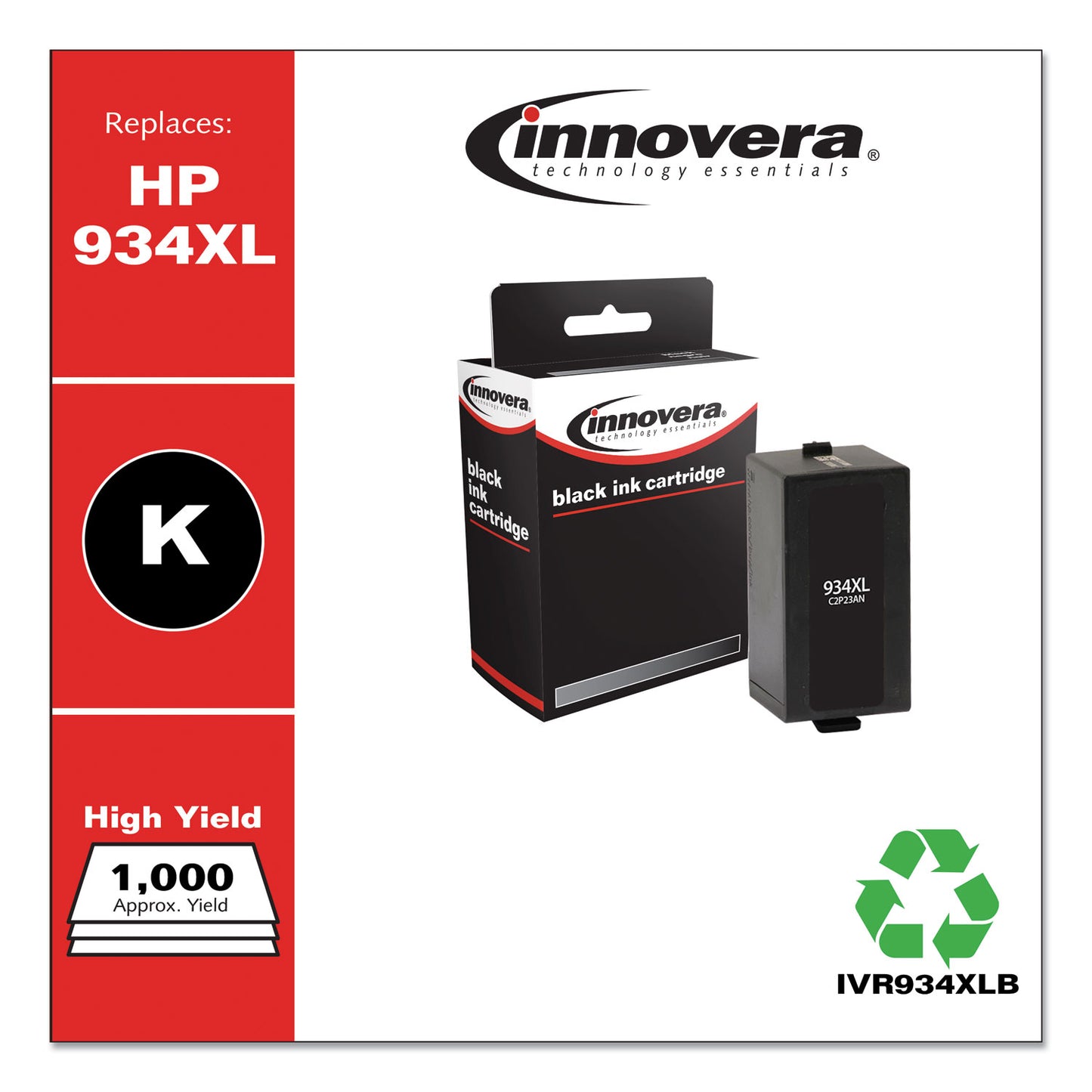 Innovera Remanufactured Black High-Yield Ink, Replacement for 934XL (C2P23AN), 1,000 Page-Yield (934XLB)