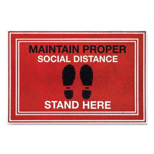 Apache Mills Message Floor Mats, 24 x 36, Red/Black, "Maintain Social Distance Stand Here" (3984528792X3)