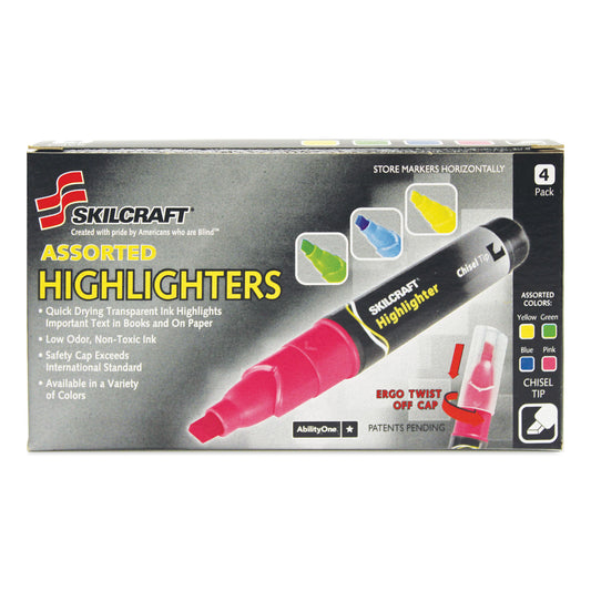 AbilityOne 7520013837938, SKILCRAFT Large Fluorescent Highlighter, Assorted Ink Colors, Chisel Tip, Assorted Barrel Colors, 4/Set