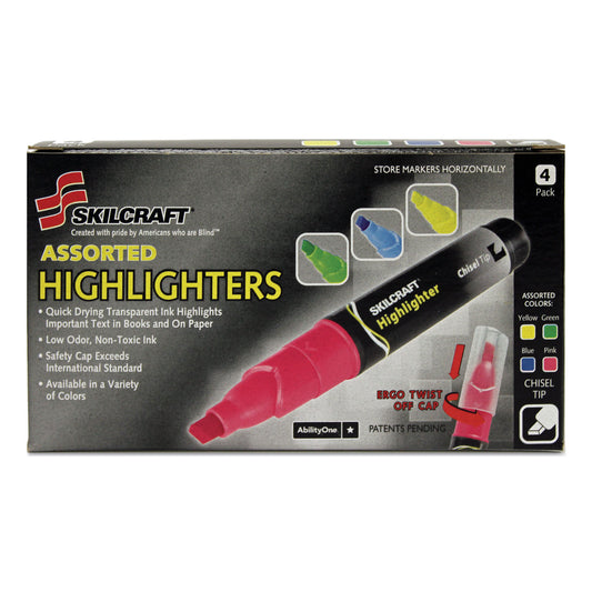 AbilityOne 7520013837938, SKILCRAFT Large Fluorescent Highlighter, Assorted Ink Colors, Chisel Tip, Assorted Barrel Colors, 4/Set