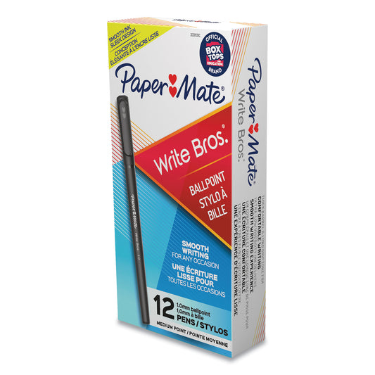 Paper Mate Write Bros. Ballpoint Pen, Stick, Medium 1 mm, Black Ink, Black Barrel, Dozen (3331131C)