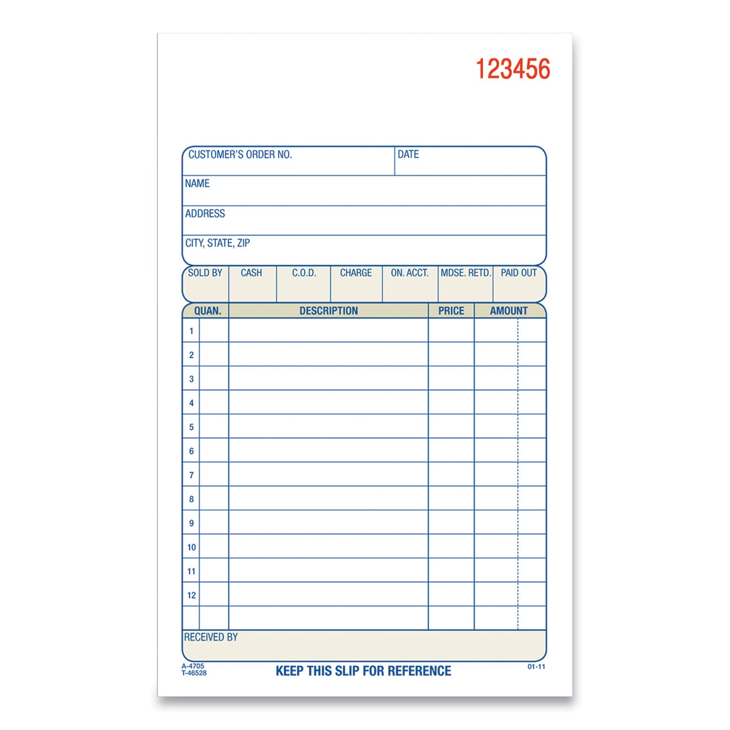 Adams 3-Part Sales Book, 12 Lines, Three-Part Carbonless, 4.19 x 7.19, 50 Forms/Pad, 10 Pads/Carton (TC470510)