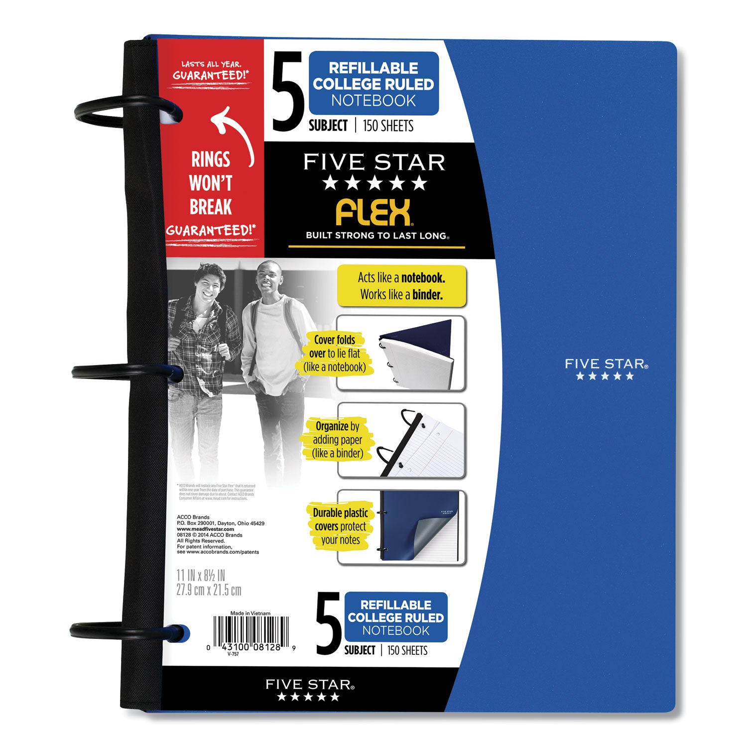 Five Star FLEX Notebook, 5-Subject, Medium/College Rule, Randomly Assorted Cover Color, (150) 11 x 8.5 Sheets (08128)