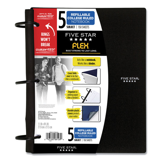 Five Star FLEX Notebook, 5-Subject, Medium/College Rule, Randomly Assorted Cover Color, (150) 11 x 8.5 Sheets (08128)