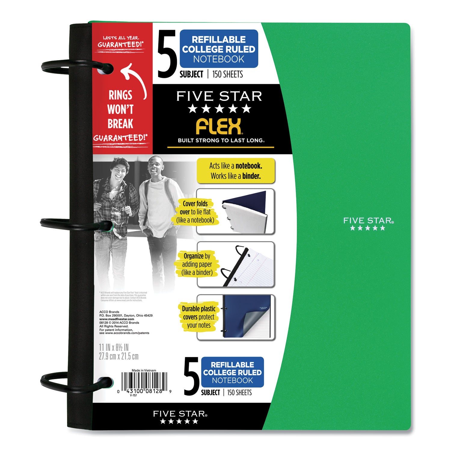 Five Star FLEX Notebook, 5-Subject, Medium/College Rule, Randomly Assorted Cover Color, (150) 11 x 8.5 Sheets (08128)