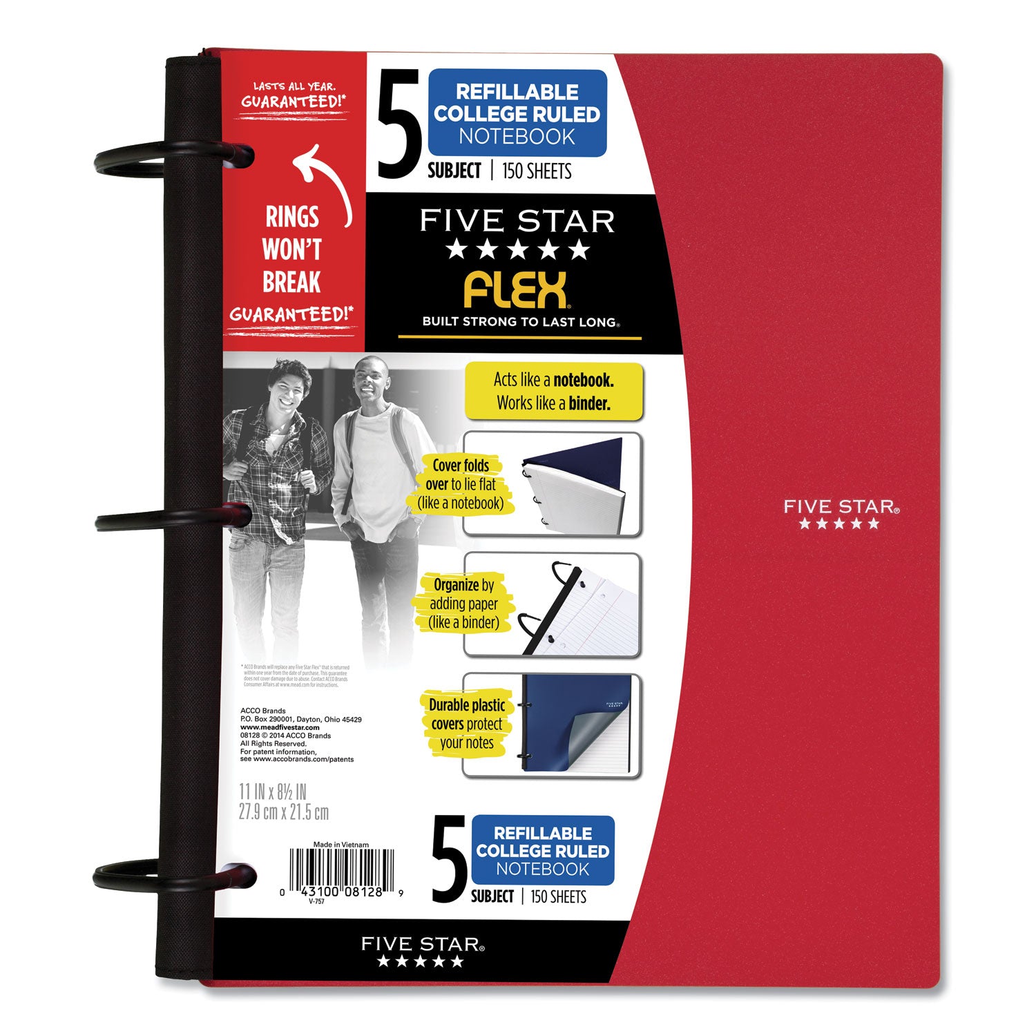 Five Star FLEX Notebook, 5-Subject, Medium/College Rule, Randomly Assorted Cover Color, (150) 11 x 8.5 Sheets (08128)