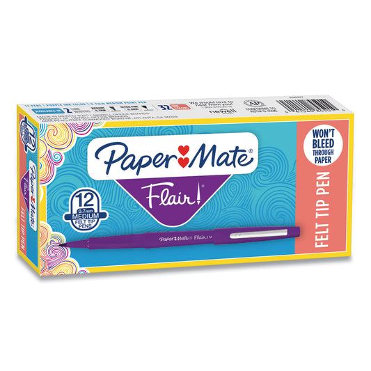 Paper Mate Point Guard Flair Felt Tip Porous Point Pen, Stick, Medium 0.7 mm, Purple Ink, Purple Barrel, Dozen (8450152)