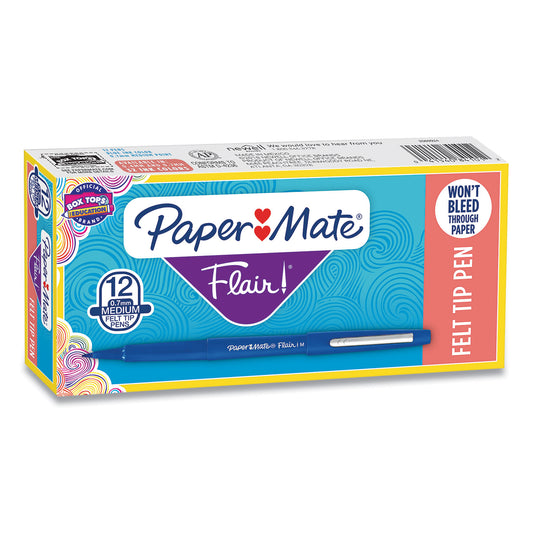 Paper Mate Point Guard Flair Felt Tip Porous Point Pen, Stick, Medium 0.7 mm, Blue Ink, Blue Barrel, Dozen (8410152)