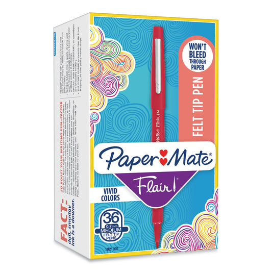 Paper Mate Point Guard Flair Felt Tip Porous Point Pen, Stick, Bold 1.4 mm, Red Ink, Red Barrel, 36/Box (1921091)