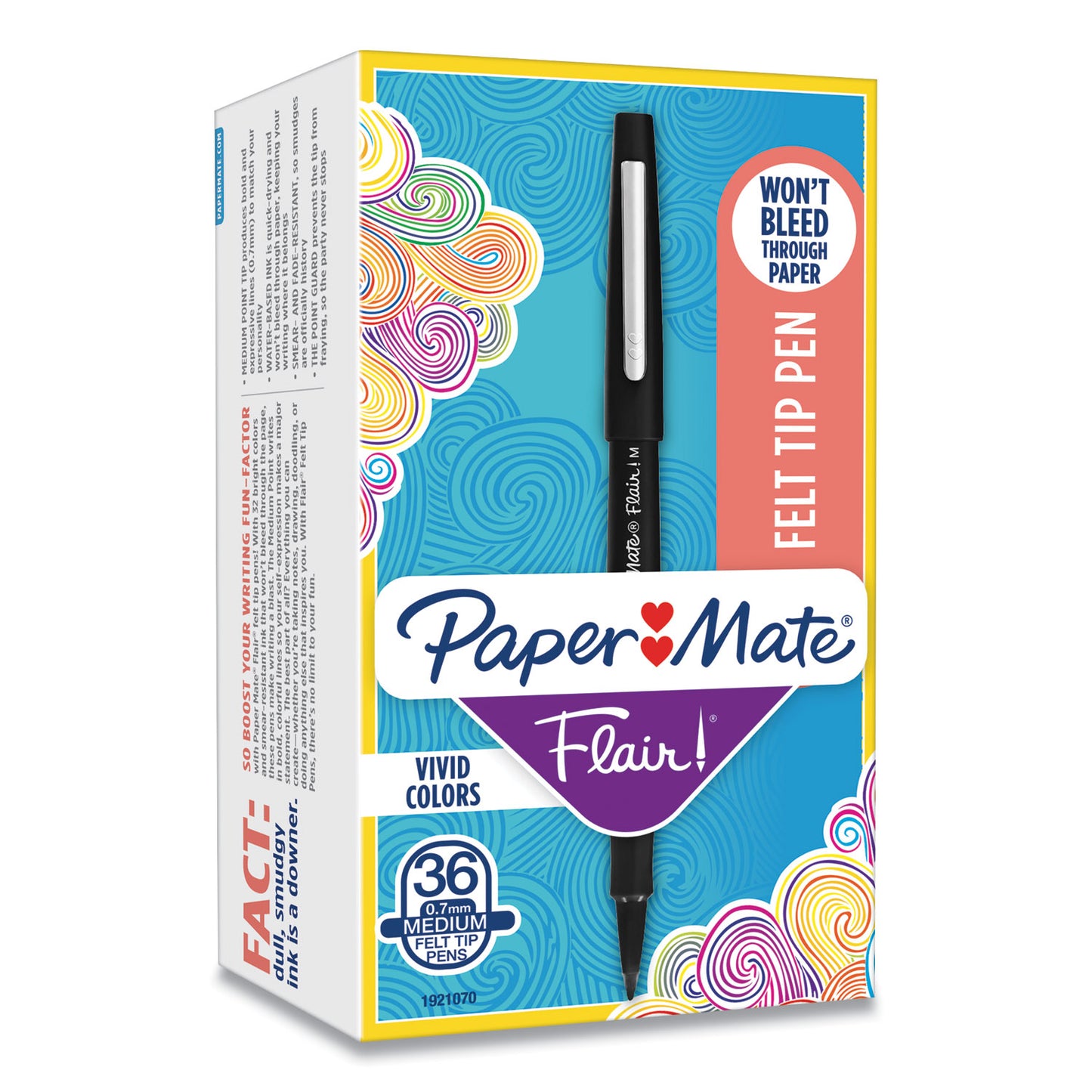 Paper Mate Point Guard Flair Felt Tip Porous Point Pen, Stick, Medium 0.7 mm, Black Ink, Black Barrel, 36/Box (1921070)