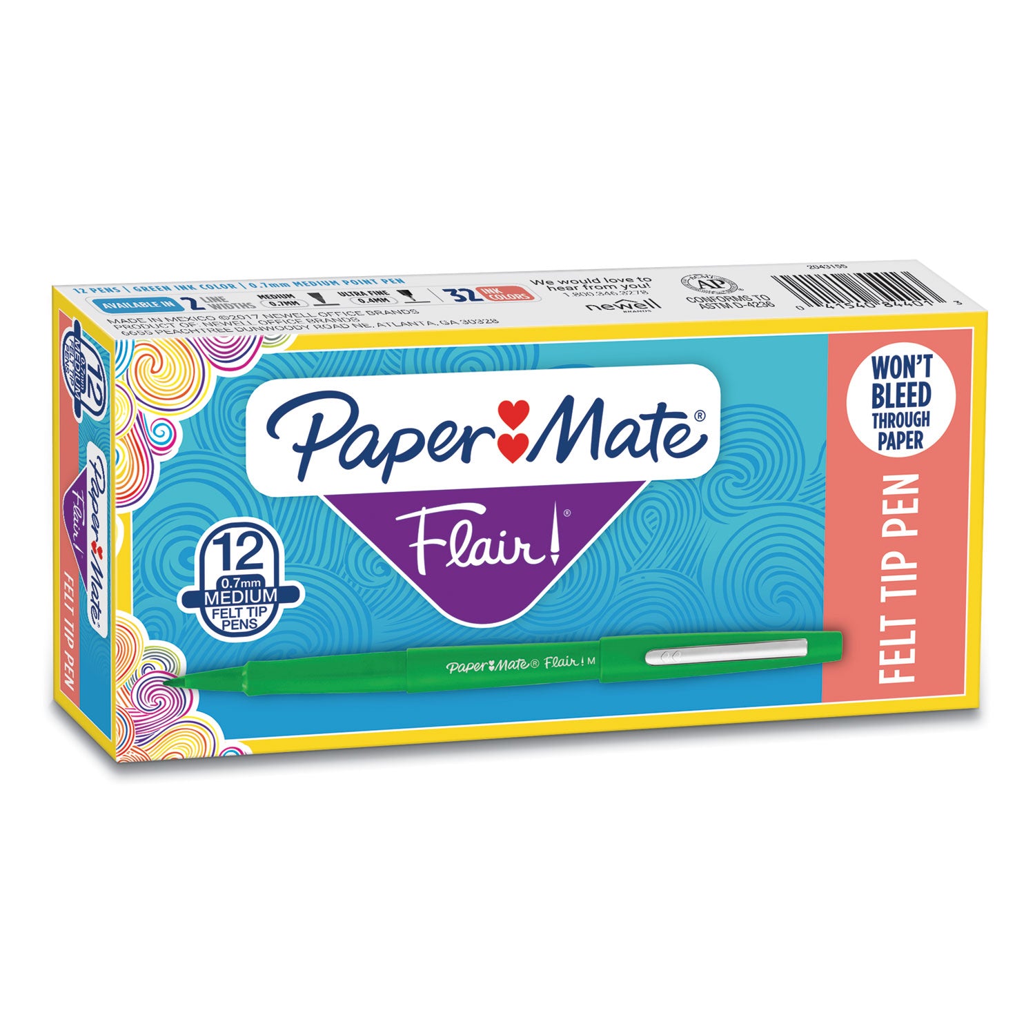 Paper Mate Point Guard Flair Felt Tip Porous Point Pen, Stick, Medium 0.7 mm, Green Ink, Green Barrel, Dozen (8440152)