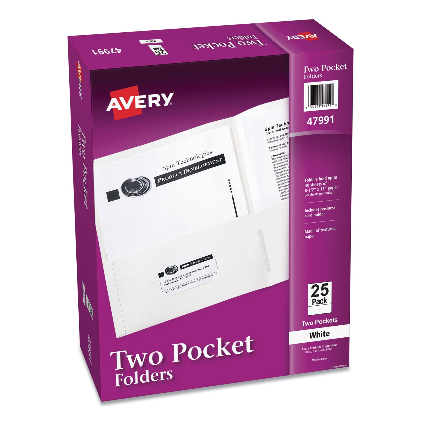 Avery Two-Pocket Folder, 40-Sheet Capacity, 11 x 8.5, White, 25/Box (47991)