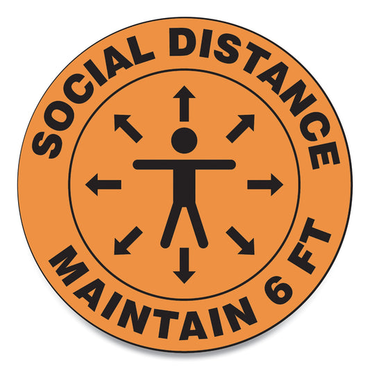 Accuform Slip-Gard Social Distance Floor Signs, 12" Circle, "Social Distance Maintain 6 ft", Human/Arrows, Orange, 25/Pack (MFS380ESP)