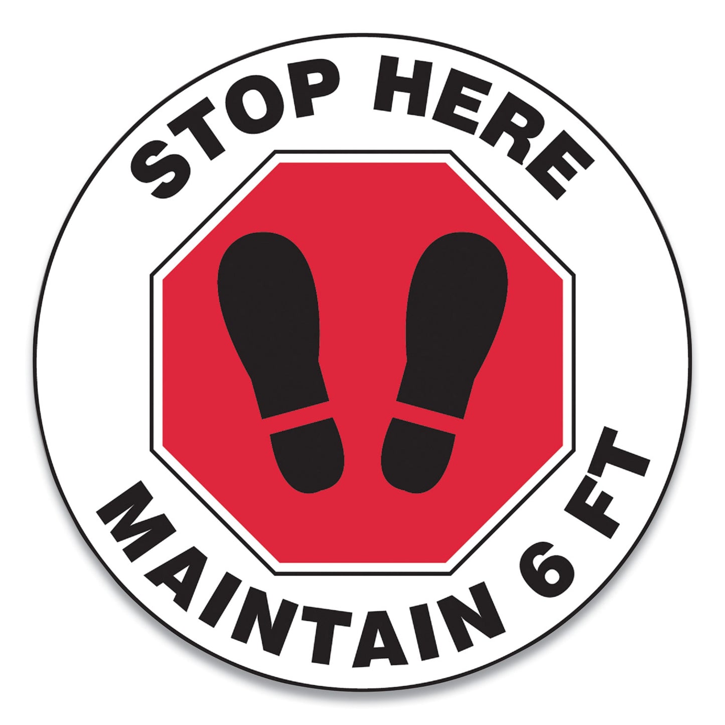 Accuform Slip-Gard Social Distance Floor Signs, 17" Circle, "Stop Here Maintain 6 ft", Footprint, Red/White, 25/Pack (MFS390ESP)