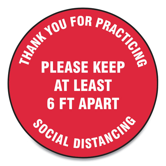 Accuform Slip-Gard Floor Signs, 17" Circle, "Thank You For Practicing Social Distancing Please Keep At Least 6 ft Apart", Red, 25/Pack (MFS423ESP)