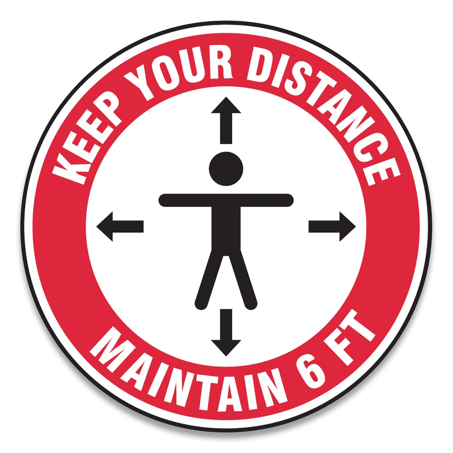 Accuform Slip-Gard Social Distance Floor Signs, 12" Circle, "Keep Your Distance Maintain 6 ft", Human/Arrows, Red/White, 25/Pack (MFS345ESP)