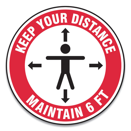 Accuform Slip-Gard Social Distance Floor Signs, 12" Circle, "Keep Your Distance Maintain 6 ft", Human/Arrows, Red/White, 25/Pack (MFS345ESP)