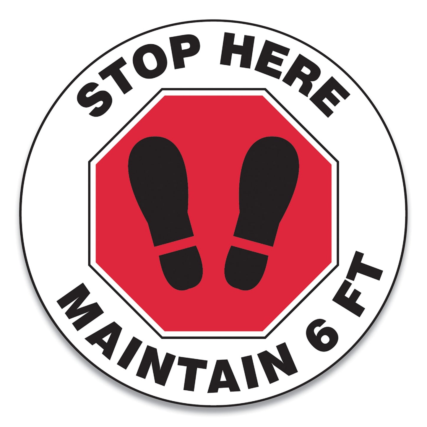 Accuform Slip-Gard Social Distance Floor Signs, 12" Circle, "Stop Here Maintain 6 ft", Footprint, Red/White, 25/Pack (MFS388ESP)