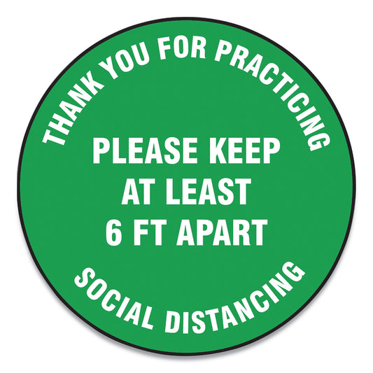 Accuform Slip-Gard Floor Signs, 17" Circle, "Thank You For Practicing Social Distancing Please Keep At Least 6 ft Apart", Green, 25/PK (MFS425ESP)