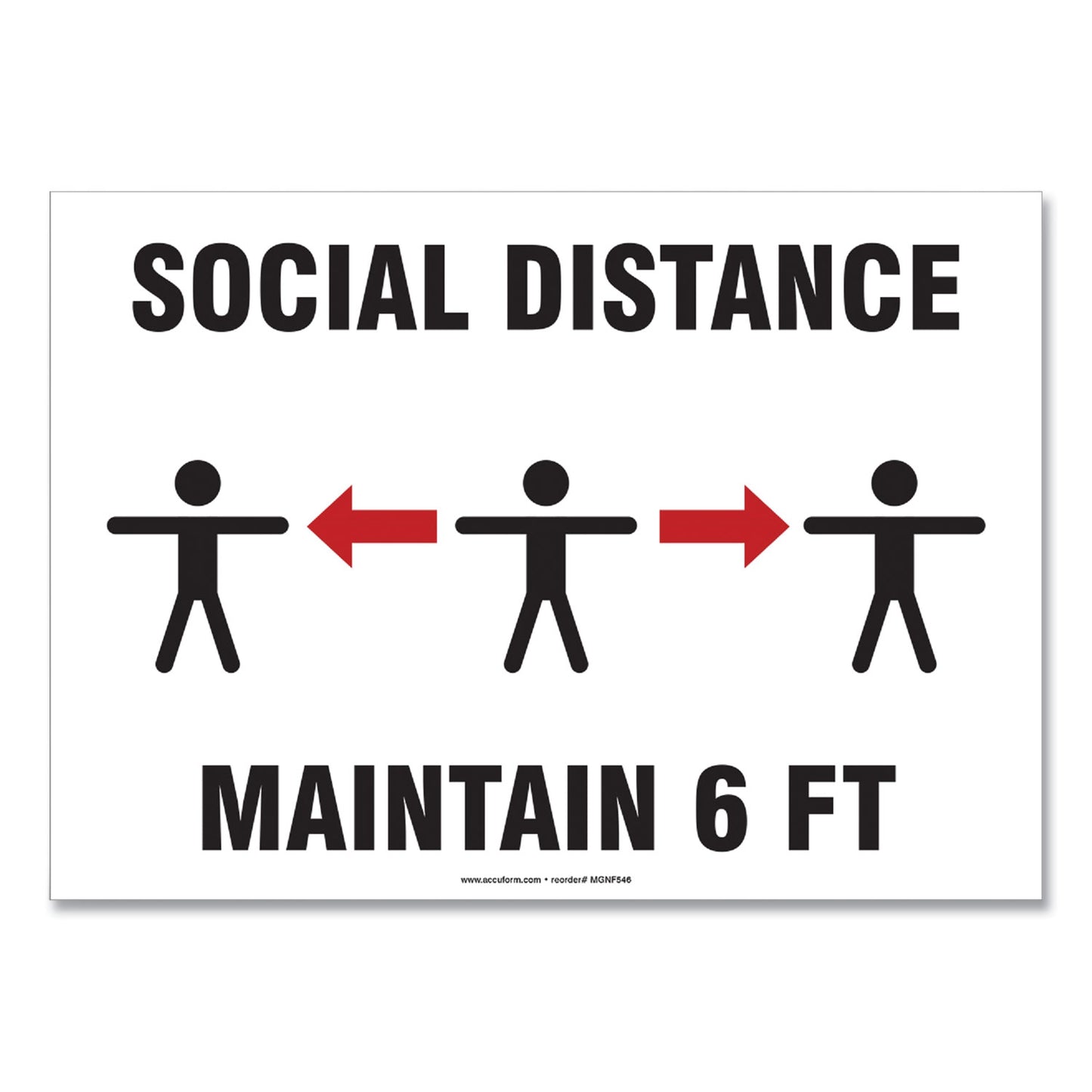 Accuform Social Distance Signs, Wall, 10 x 7, "Social Distance Maintain 6 ft", 3 Humans/Arrows, White, 10/Pack (MGNF544VPESP)